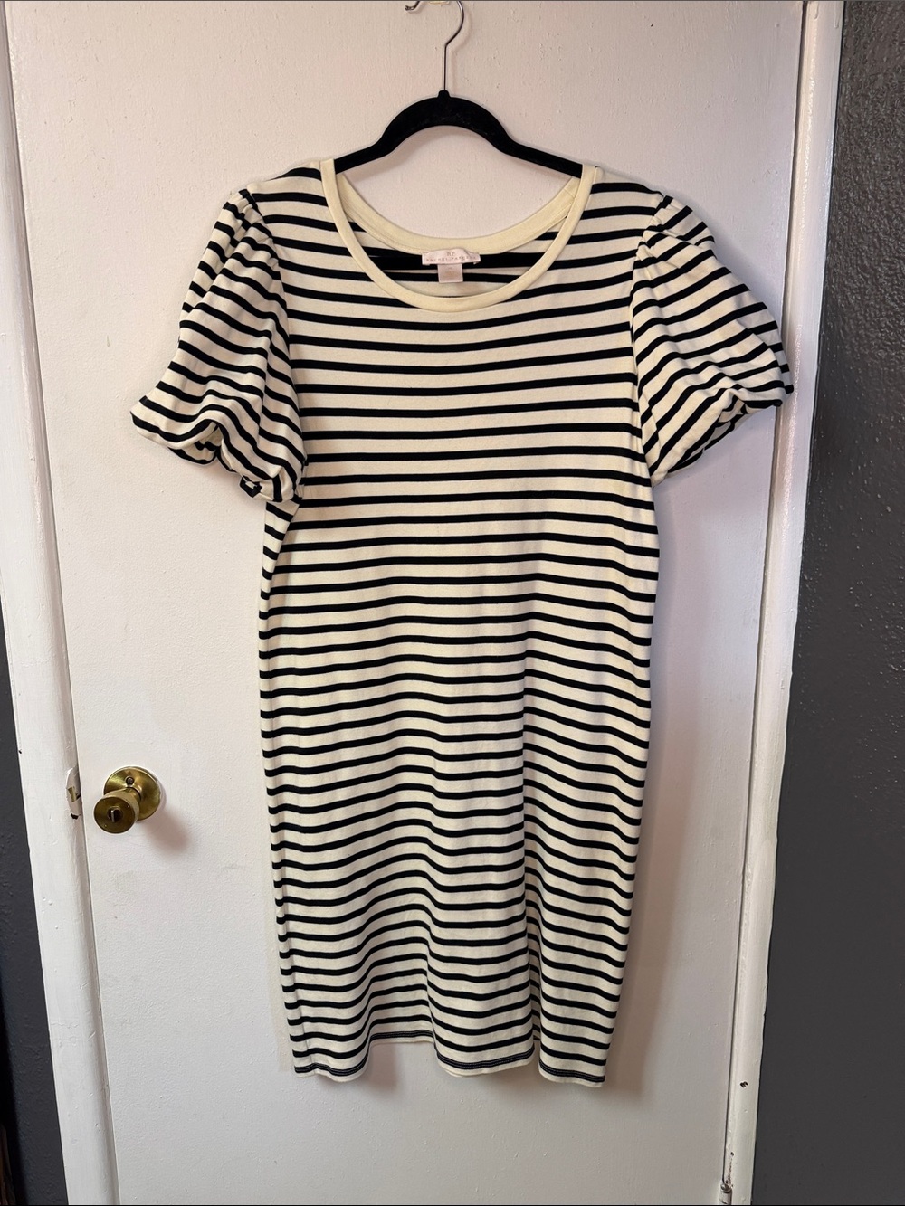 Rachel Parcell Black and Cream Striped Puff-Sleeve Midi Dress